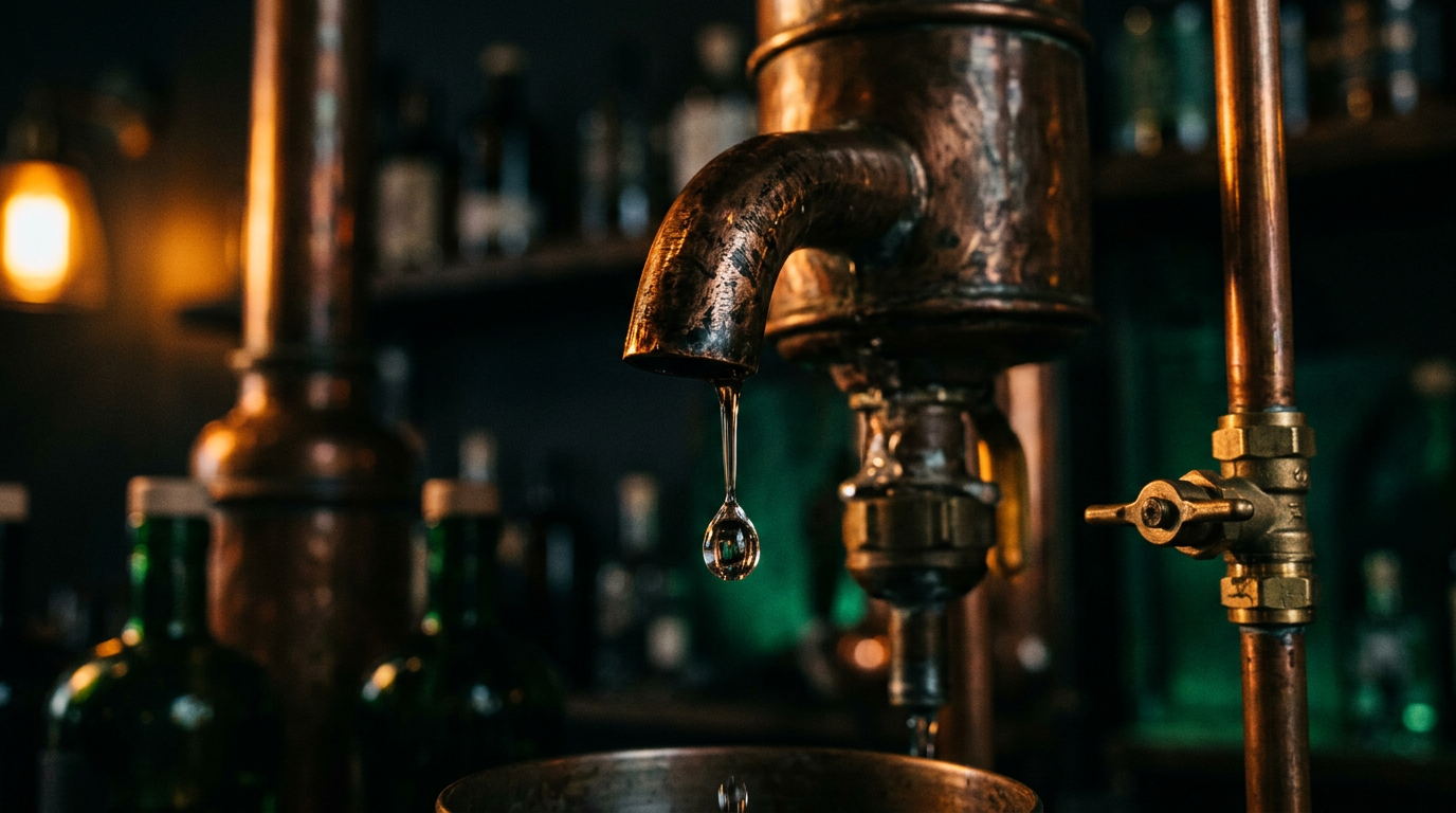 Copper pot still with distillate dripping into the collection vessel